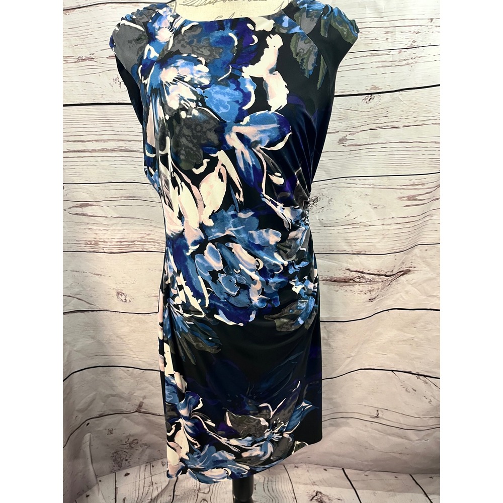 Lauren Ralph Lauren Navy Blue, White & Black Watercolor Midi Dress